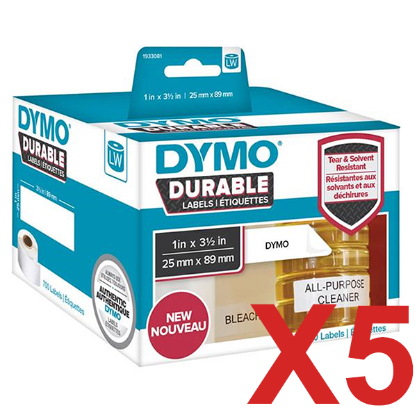 5 x Genuine Dymo LW Durable Shipping Labels 25mm x 89mm - 700 Labels SD1933081 1933081