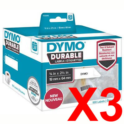 3 x Genuine Dymo LW Durable Shipping Labels 19mm x 64mm - 900 Labels SD1933085 1933085