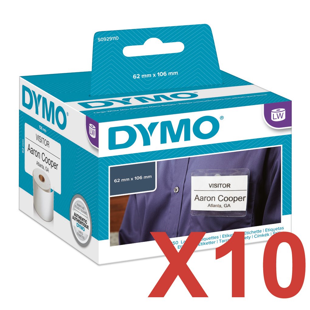 10 x Genuine Dymo LW Non-Adhesive Name Badge Labels 62mm x 106mm - 250 Labels SD30856 S0929110