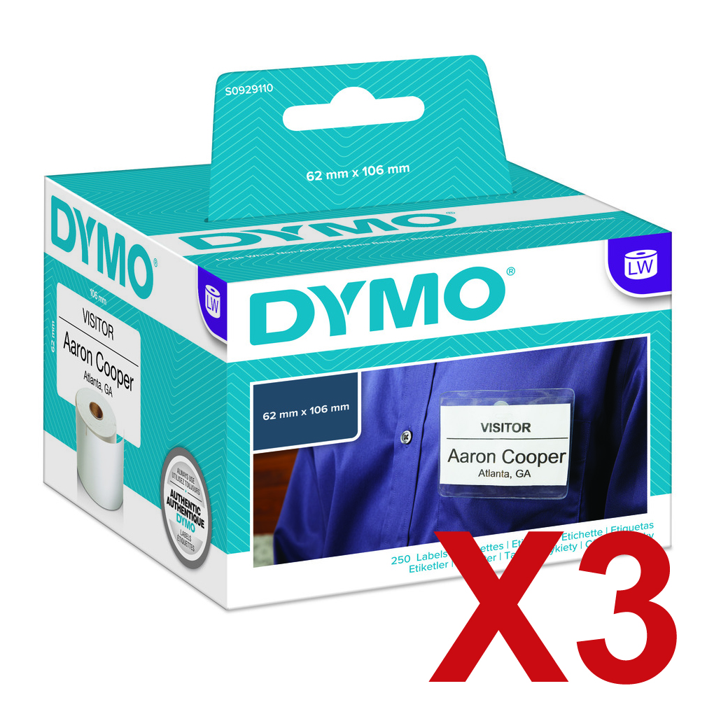3 x Genuine Dymo LW Non-Adhesive Name Badge Labels 62mm x 106mm - 250 Labels SD30856 S0929110