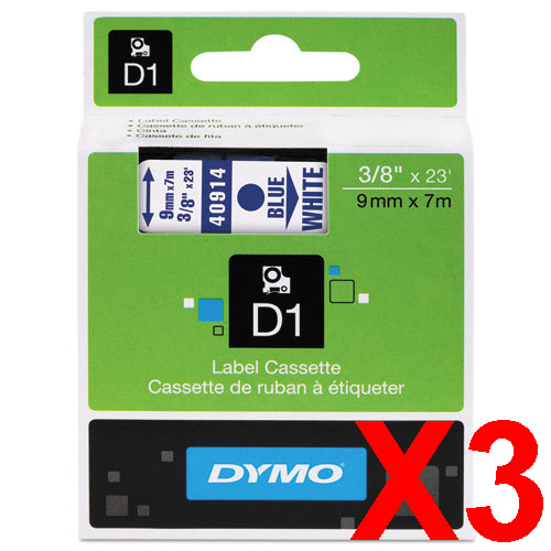 3 x Genuine Dymo D1 Label Tape 9mm Blue on White 40914 - 7 metres