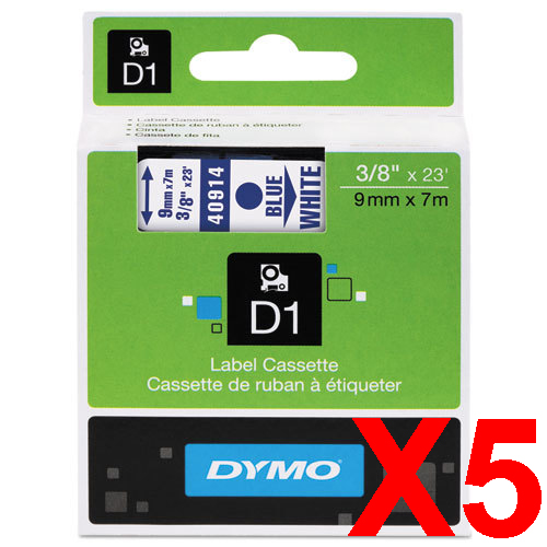 5 x Genuine Dymo D1 Label Tape 9mm Blue on White 40914 - 7 metres