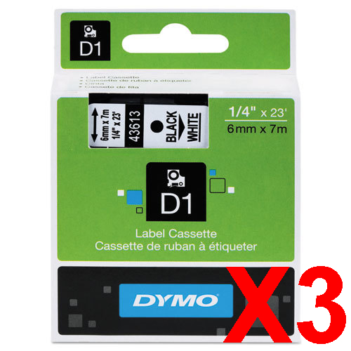 3 x Genuine Dymo D1 Label Tape 6mm Black on White 43613 - 7 metres