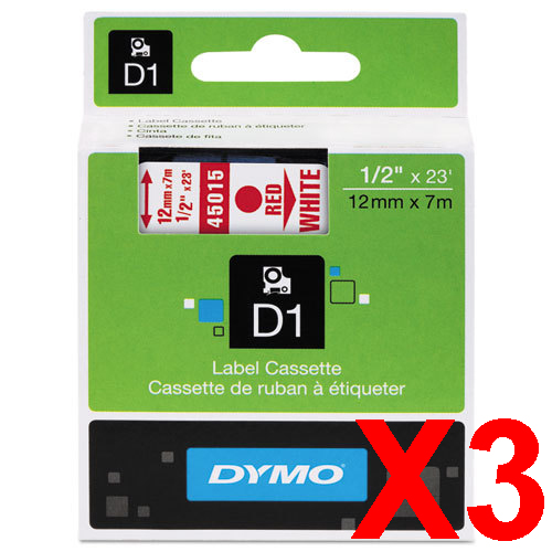 3 x Genuine Dymo D1 Label Tape 12mm Red on White 45015 - 7 metres