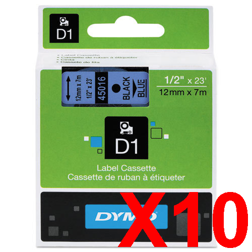 10 x Genuine Dymo D1 Label Tape 12mm Black on Blue 45016 - 7 metres