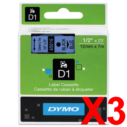 3 x Genuine Dymo D1 Label Tape 12mm Black on Blue 45016 - 7 metres