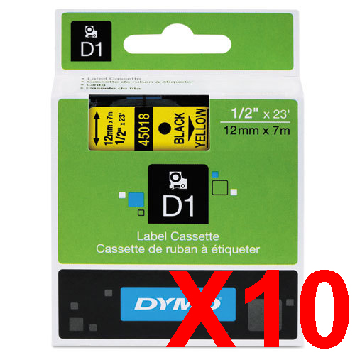 10 x Genuine Dymo D1 Label Tape 12mm Black on Yellow 45018 - 7 metres
