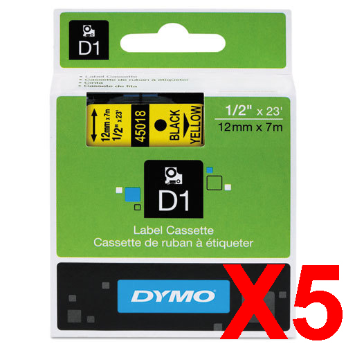 5 x Genuine Dymo D1 Label Tape 12mm Black on Yellow 45018 - 7 metres