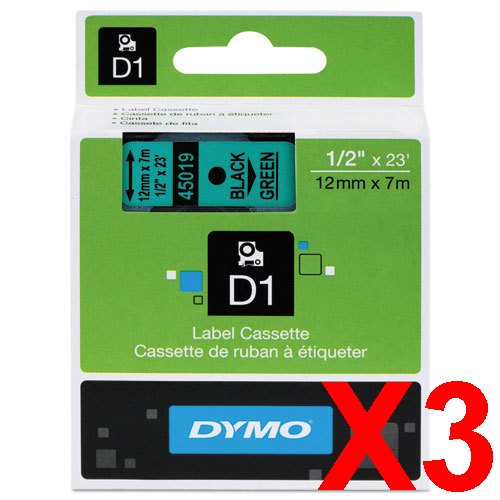 3 x Genuine Dymo D1 Label Tape 12mm Black on Green 45019 - 7 metres