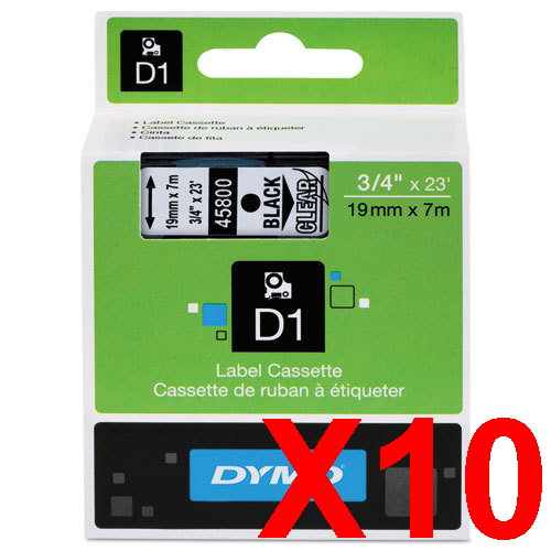 10 x Genuine Dymo D1 Label Tape 19mm Black on Clear 45800 - 7 metres