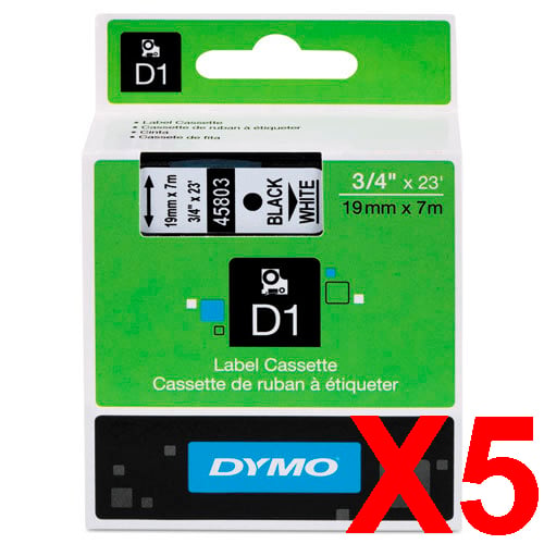 5 x Genuine Dymo D1 Label Tape 19mm Black on White 45803 - 7 metres