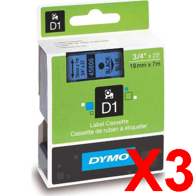 3 x Genuine Dymo D1 Label Tape 19mm Black on Blue 45806 - 7 metres