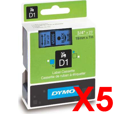 5 x Genuine Dymo D1 Label Tape 19mm Black on Blue 45806 - 7 metres