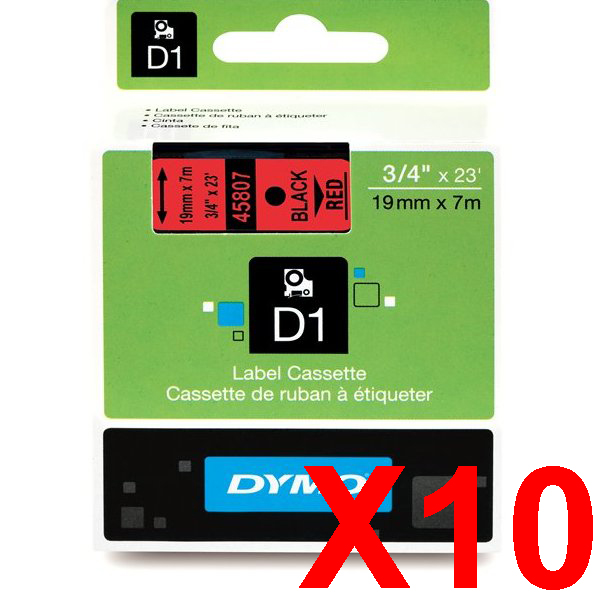 10 x Genuine Dymo D1 Label Tape 19mm Black on Red 45807 - 7 metres