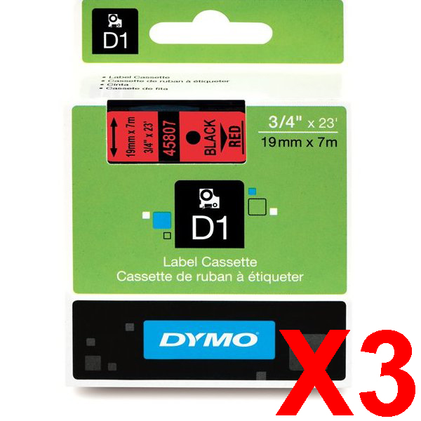 3 x Genuine Dymo D1 Label Tape 19mm Black on Red 45807 - 7 metres