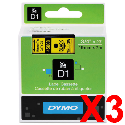 3 x Genuine Dymo D1 Label Tape 19mm Black on Yellow 45808 - 7 metres