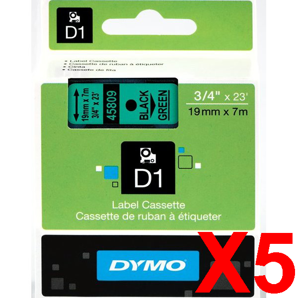 5 x Genuine Dymo D1 Label Tape 19mm Black on Green 45809 - 7 metres