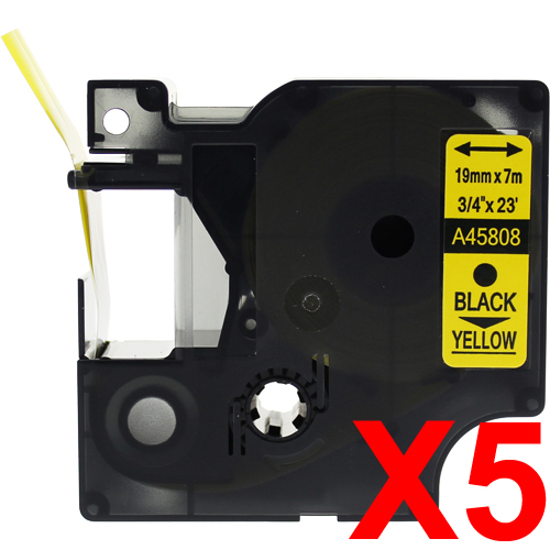 5 x Compatible Dymo D1 Label Tape 19mm Black on Yellow 45808 - 7 metres