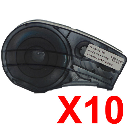 10 x Compatible Brady M21-250-595-WT 139744 Black on White 6.35mm x 6.4m B-595 Durable Vinyl Material Label