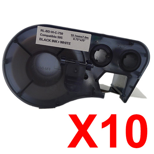 10 x Compatible Brady MC-750-595-WT-BK 143372 Black on White 19.1mm x 7.62m B-595 Durable Vinyl Material Label