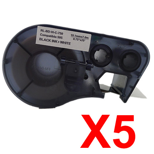 5 x Compatible Brady MC-750-595-WT-BK 143372 Black on White 19.1mm x 7.62m B-595 Durable Vinyl Material Label