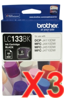3 x Genuine Brother LC-133 Black Ink Cartridge LC-133BK