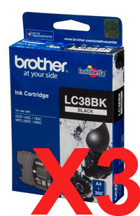 3 x Genuine Brother LC-38 Black Ink Cartridge LC-38BK