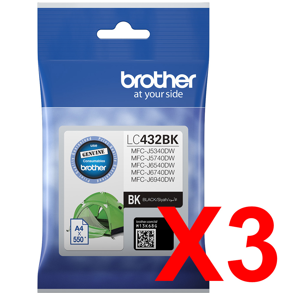 3 x Genuine Brother LC-432 Black Ink Cartridge LC-432BK