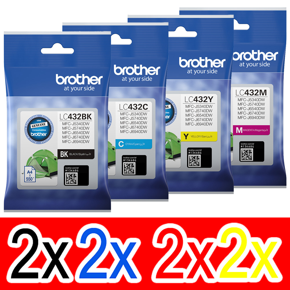 8 Pack Genuine Brother LC-432 Ink Cartridge Set (2BK,2C,2M,2Y)