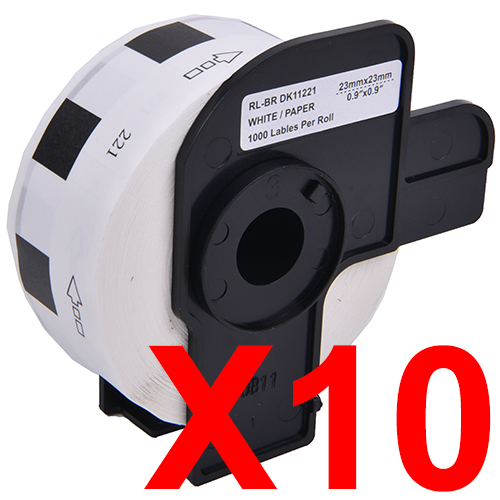 10 x Compatible Brother DK-11221 White Paper Label Roll - 23mm x 23mm - 1000 Labels per Roll