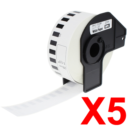 5 x Compatible Brother DK-22210 White Paper Tape Roll - 29mm x 30.48m - Continuous Length