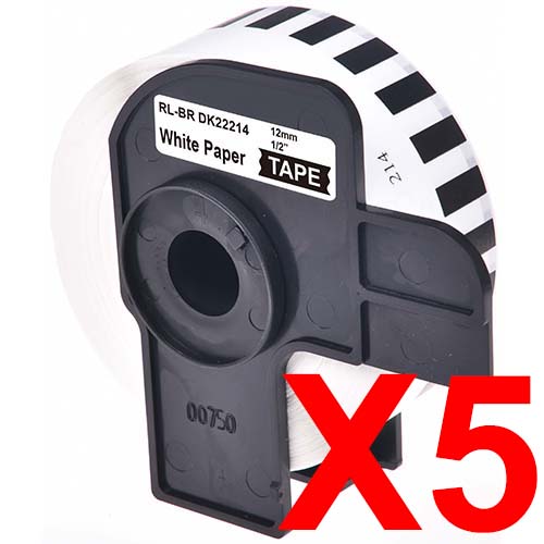 5 x Compatible Brother DK-22214 White Paper Tape Roll - 12mm x 30.48m - Continuous Length