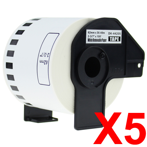 5 x Compatible Brother DK-44205 White Removable Paper Tape Roll - 62mm x 30.48m - Continuous Length