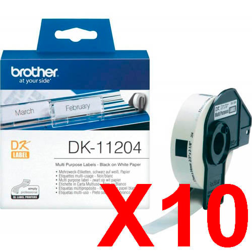 10 x Genuine Brother DK-11204 White Paper Label Roll - 17mm x 54mm - 400 Labels per Roll