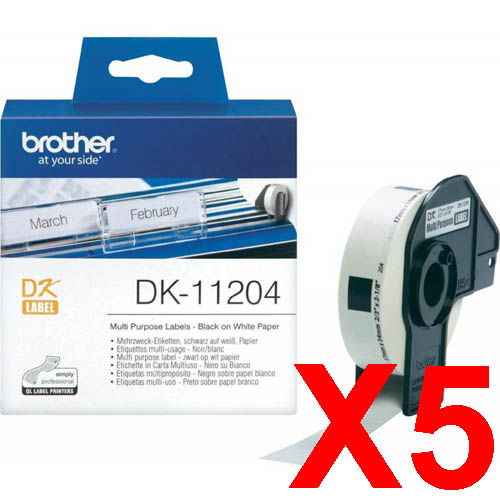 5 x Genuine Brother DK-11204 White Paper Label Roll - 17mm x 54mm - 400 Labels per Roll