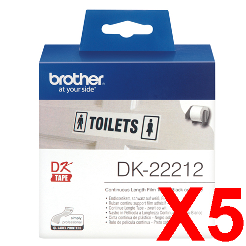5 x Genuine Brother DK-22212 White Film Tape Roll - 62mm x 15.24m - Continuous Length