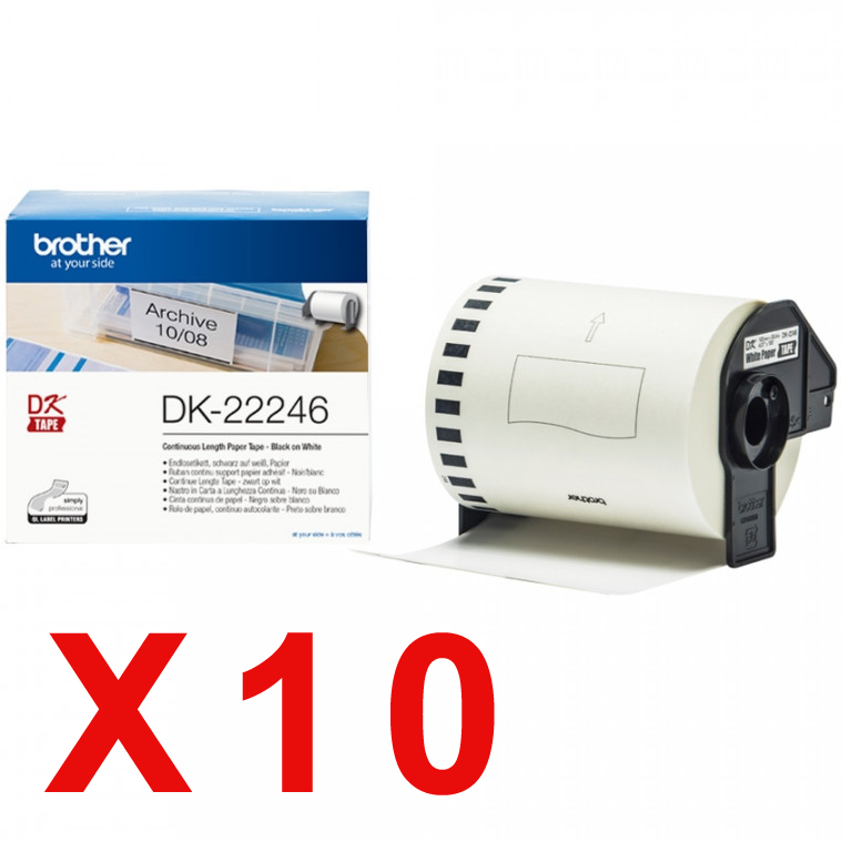 10 x Genuine Brother DK-22246 White Paper Tape Roll - 103mm x 30.48m - Continuous Length