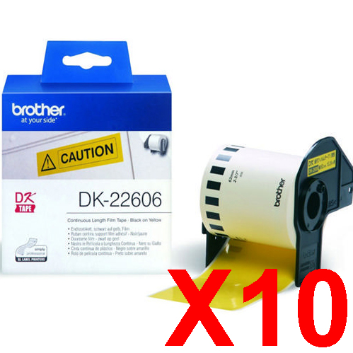 10 x Genuine Brother DK-22606 Yellow Film Tape Roll - 62mm x 15.24m - Continuous Length