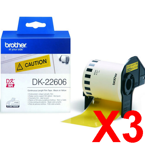 3 x Genuine Brother DK-22606 Yellow Film Tape Roll - 62mm x 15.24m - Continuous Length