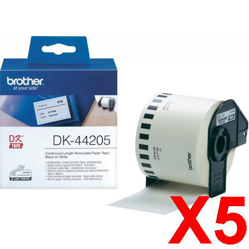 5 x Genuine Brother DK-44205 White Removable Paper Tape Roll - 62mm x 30.48m - Continuous Length