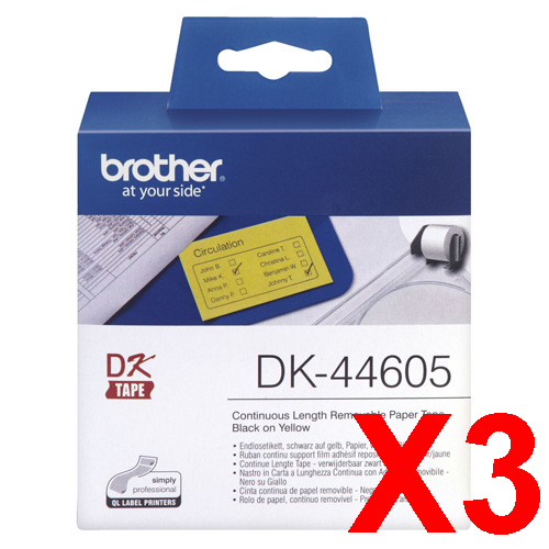 3 x Genuine Brother DK-44605 Yellow Removable Paper Tape Roll - 62mm x 30.48m - Continuous Length