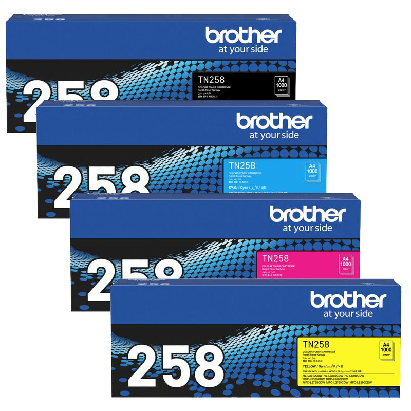 4 Pack Genuine Brother TN-258 Toner Cartridge Set