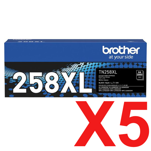 5 x Genuine Brother TN-258XLBK Black Toner Cartridge High Yield