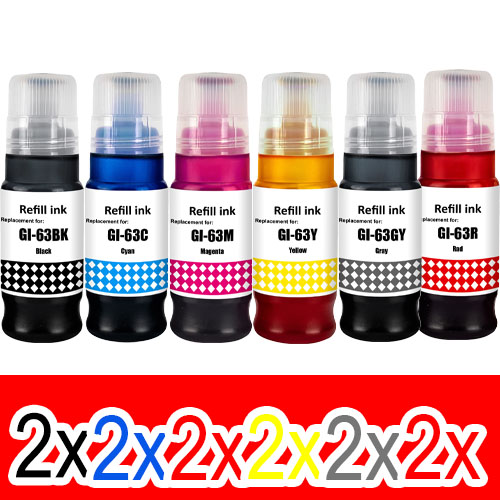 12 Pack Compatible Canon GI-63 GI63 Ink Bottle Set (2BK,2C,2M,2Y,2GY,2R)