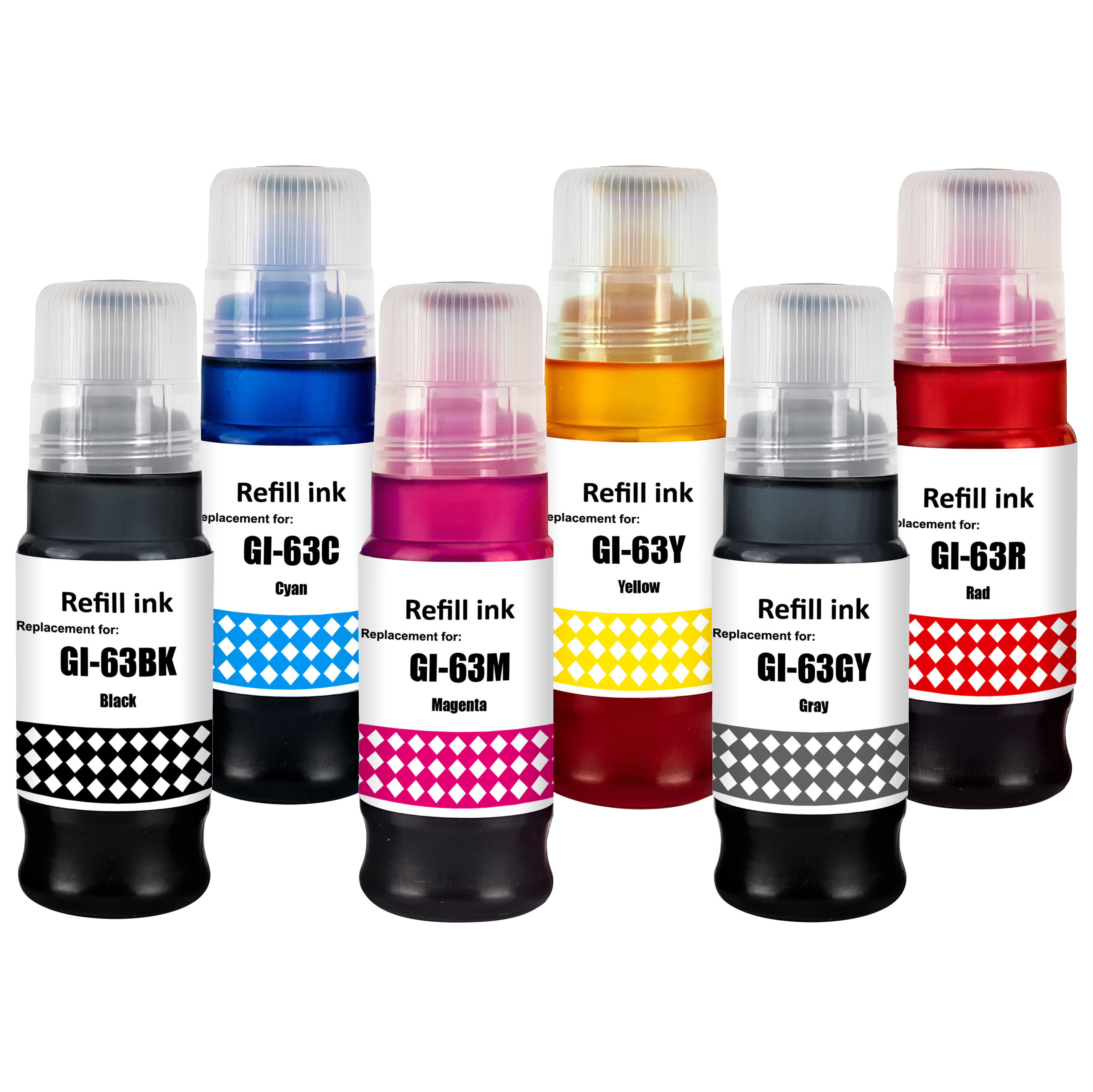 6 Pack Compatible Canon GI-63 GI63 Ink Bottle Set (1BK,1C,1M,1Y,1GY,1R)