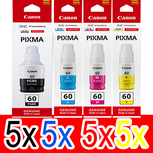 20 Pack Genuine Canon GI-60 GI60 Ink Bottle Set (5BK,5C,5M,5Y)