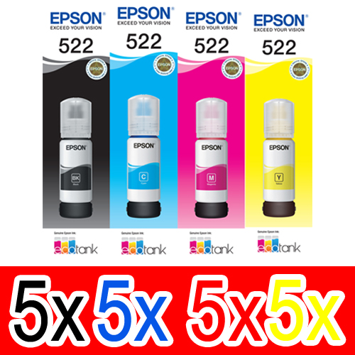 20 Pack Genuine Epson T522 Ink Bottle Set (5BK,5C,5M,5Y)