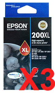 3 x Genuine Epson 200XL Black Ink Cartridge High Yield
