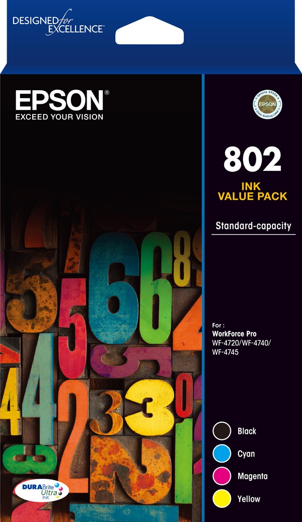 1 x Genuine Epson 802 4 Colour BCMY Ink Cartridge Value Pack Standard Yield