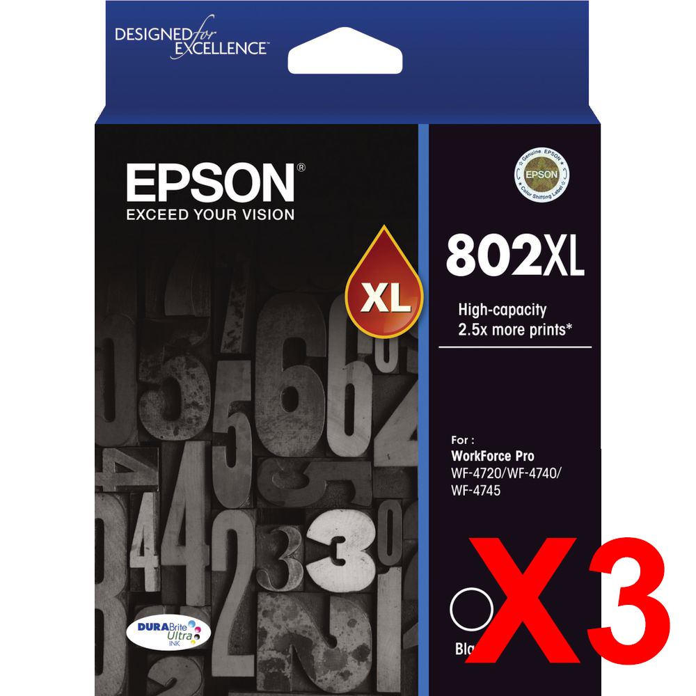 3 x Genuine Epson 802XL Black Ink Cartridge High Yield